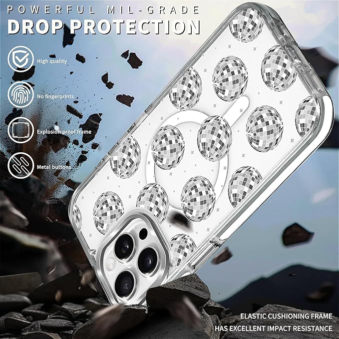 Case for iPhone 14 Pro,[Compatible with MagSafe],Disco Ball Grayish White Phone Case Design，for Women Girls Magnetic Clear Cover - Slim, Sleek, & Shockproof Protection