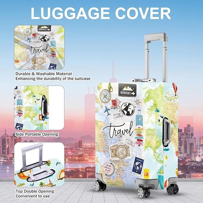 ANNA QUEEN Travel Collage Luggage Cover, World Map & Sticker Style Suitcase Protector for 24-26 Inch Travel Bags
