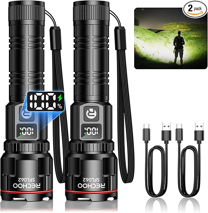 RECHOO Rechargeable Flashlights 2 Pack, Super Bright High Lumens LED Flashlight with LCD Digital Display, 3 Lighting Modes & Zoomable Torch Lights for Home Camping Hunting Emergency