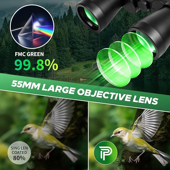 Pankoo 20x55 Binoculars for Adults High Powered – Large View Waterproof Optics with Clear Low Light Vision, Easy Focus for Hunting, Bird Watching, Concerts, Sports