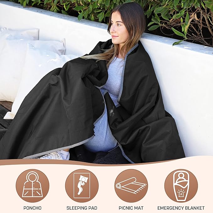 Tirrinia Waterproof Outdoor Blanket with Sherpa Lining, Windproof Triple Layers Warm Comfy Foldable for Camping Stadium, Beach, Picnic, Grass, Concerts, Car, Dog, 51''X 59'' & 59''X 80''