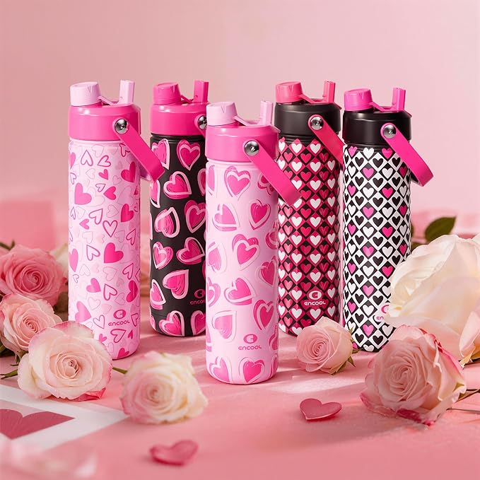 ENCOOL Valentine's Day Insulated Water Bottle with Straw Stainless Steel Water Bottle, Leak-Proof, BPA-Free, Keeps Cold for 24 Hours for Sports, Travel, School (26 oz, Kiss Love Violet x Black)
