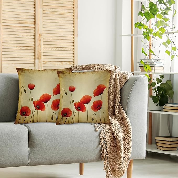 Swono Poppies Throw Pillow Cases, Grunge Poppy Flower Field Set of 2 Decorative Throw Pillow Cover, Square Pillow Cushion Case Home Decor for Sofa Couch Bed Car 18x18 Inches, Brown Red
