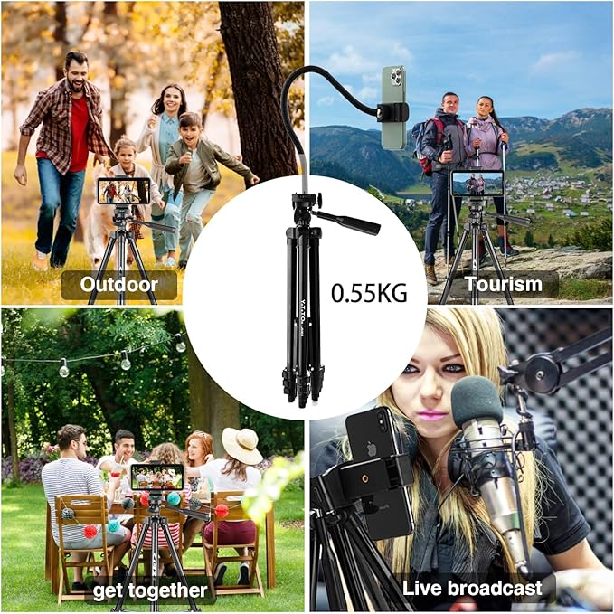 60" Aluminum Phone & Camera Tripod with Gooseneck Stand, Extendable Cell Phone Tripod Stand Compatible with iPhone/Android/Action Camera is Perfect for Live Streaming/Video Recording/Selfies
