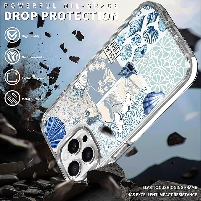 Case for iPhone 13 Pro Max,[Compatible with MagSafe],Sea Life Ocean Waves Seashell Collage Phone Case Design，for Women Girls Magnetic Clear Cover - Slim, Sleek, & Shockproof Protection
