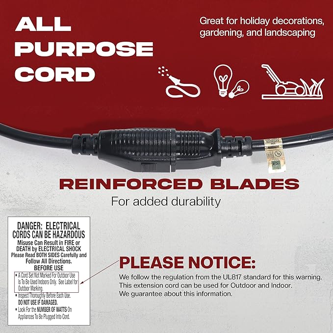 2-Pack 3ft Black Extension Cord, 16/3 SJTW Heavy-Duty Power Cable, UL Listed, Weather-Resistant Cable for Indoor & Outdoor Use, 13 Amp/1625 Watt Capacity – 3 Prong Single Outlet Extension Cord