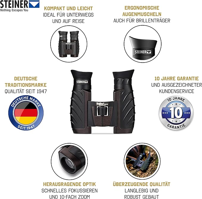 Steiner Safari UltraSharp 10x26 Binoculars, Compact, Large Magnification, Robust, Waterproof, Ideal for Travel, Hiking, Concerts, Sports and Nature Observation