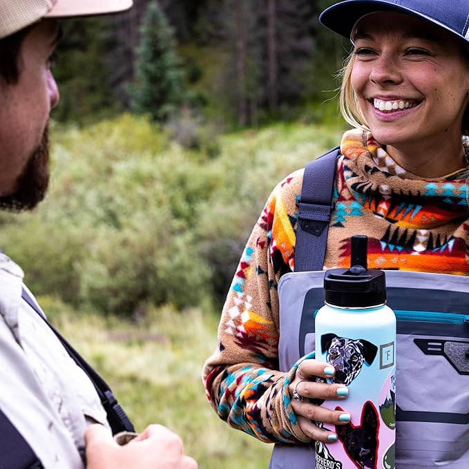 IRON °FLASK Camping & Hiking Hydration Flask with Straw, Wide Mouth Insulated Stainless Steel Sports Water Bottle - 32 oz Blue Waves
