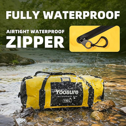 110L Waterproof Duffel Bag 35IN - Airtight Zipper Dry Bags, Extra Large Dry Bag with Straps&Handles for Camping Boating Kayaking Rafting Canoeing Gym Beach Car Roof Storage (Black)
