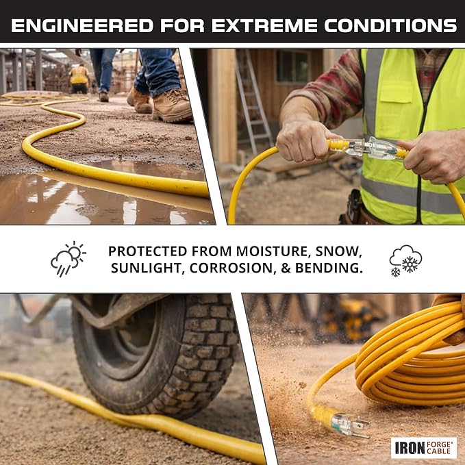 IRON FORGE CABLE 2 Pack of 10 Foot Outdoor Extension Cords - 12/3 SJTW Heavy Duty Lighted Yellow Extension Cable Set, 15 AMP