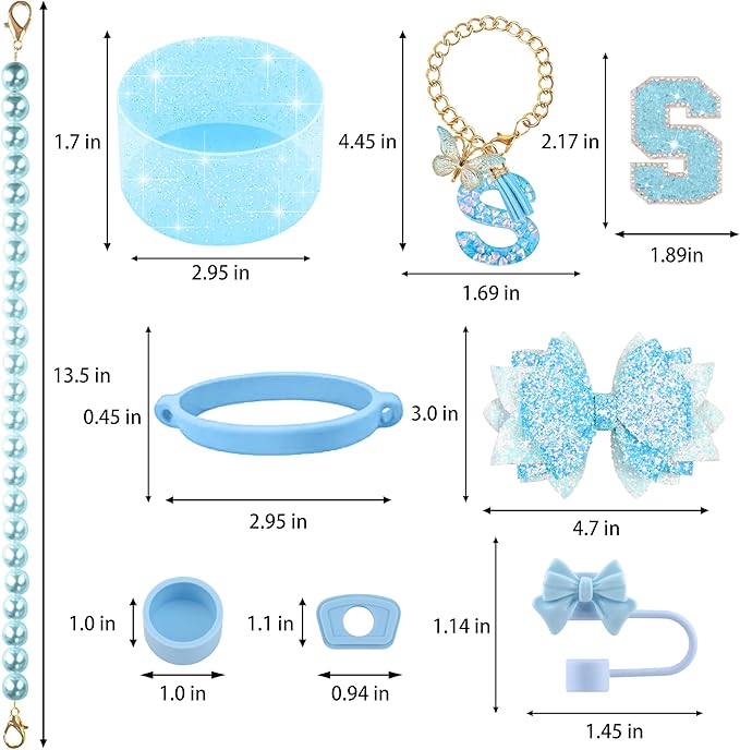 9PCS Blue for Stanley Cup Accessories Set Bling Initials Bow Charms for Stanley Decorations 30/40 Oz Tumbler Accessories Including Bow Straw Topper, Handle Strap, Spill Stopper（Letter S）