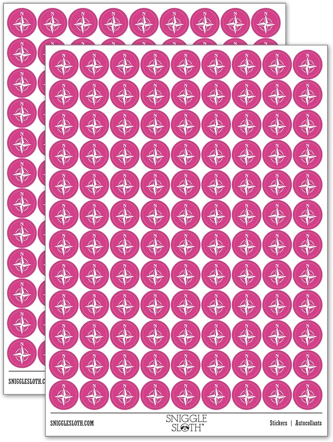 Compass Rose Nautical Star Navigation Map 200+ Round Stickers - Gloss Finish - 0.50" Size - Hot Pink