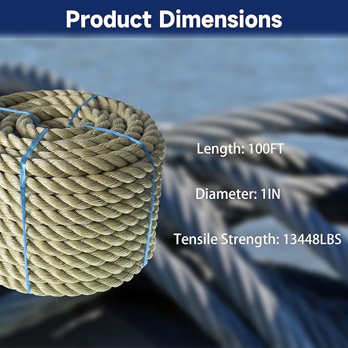 1 inch x 100 feet Twisted ProManila - UnManila Rope, Tan Twisted 3 Strand Polypropylene Rope Cordage for Marine, Nautical, DIY Projects, Tie Downs