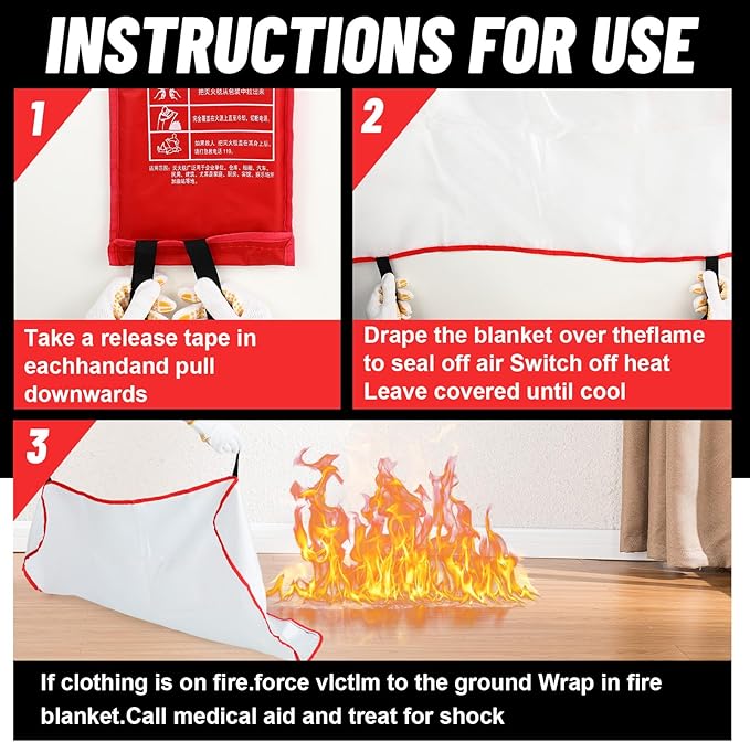 30 Pcs Emergency Fire Blankets for Home and Kitchen 40x40 Inch 10 Fiberglass Fire Suppression Blankets with 10 Fireproof Gloves & 10 Hooks for House Grill Fireplace Camping Car Warehouse Safety