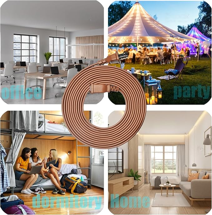 Brown Extension Cord 15FT Flat Extension Cord for Indoor/Outdoor Use with Single Outlet - Ideal for Christmas Lights, Lamps, Cameras, Household Appliances
