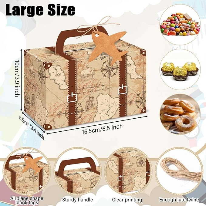 12Pcs Large Suitcase Party Favor Boxes Travel The Map Paper Treat Box with Tags Birthday Supplies Travel Theme Candy Goodie Gift Boxes for Birthday Baby Shower Wedding Vintage Party Table Decoration