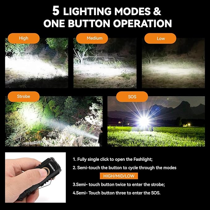 UNROEVS Mini Flashlight 2550 Lumens Rechargeable USB C Charging, Small Flashlights High Lumens 5 Modes, Pocket Light with Clip, Magnetic Flash Light for EDC,Camping, Hiking,Emergency (24pack)