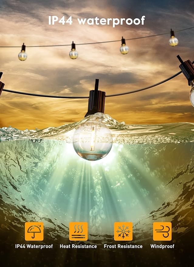 Brightown Led String Lights Outdoor 38Ft(28+10) with Remote Hooks and Clips, Patio String Lights for Outside with 17 Shatterproof Bulbs(2 Spare), Hanging Lights for Backyard Party Cafe, E12 Socket