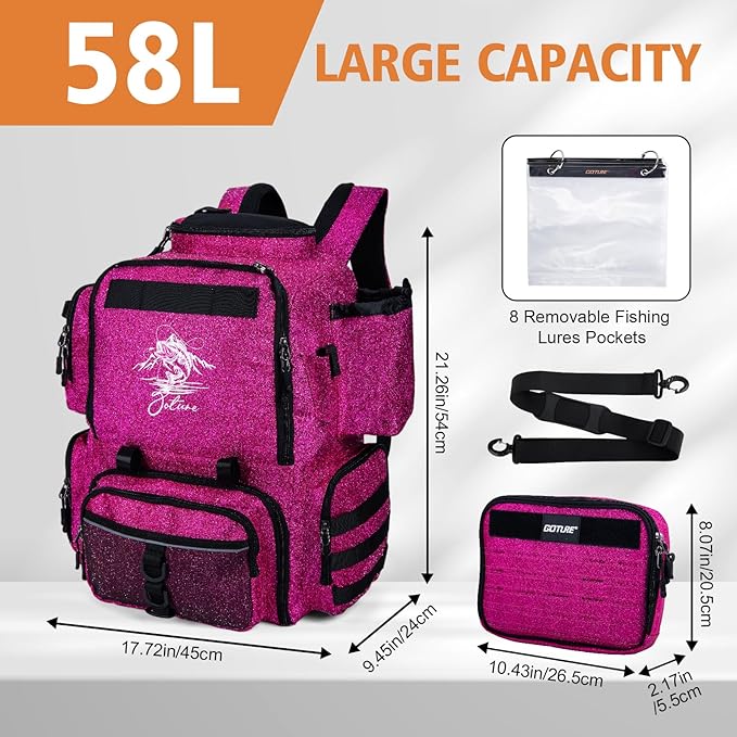 Goture Fishing Backpack, 58L 900D Water-Resistant Insulated Tackle Backpack with Cooler, Rod Holders, 8 Lure Pockets, Detachable Crossbody Bag, Gear Storage Large Fishing Bag for Camping Hiking