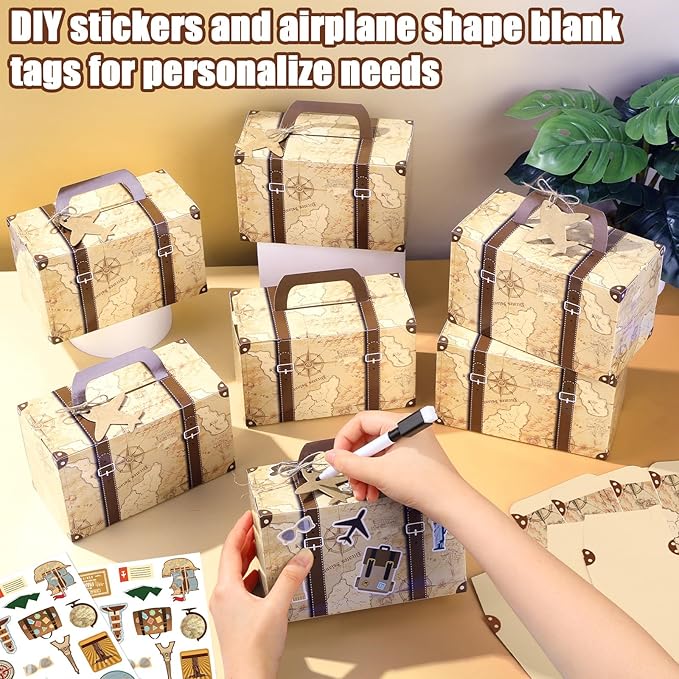 24Pcs Large Suitcase Party Favor Boxes Travel The Map Paper Treat Box with Tags Birthday Supplies Travel Theme Candy Goodie Gift Boxes for Birthday Shower Wedding Vintage Party Table Decoration