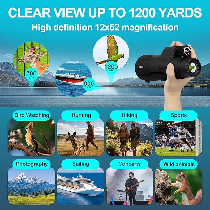 BIJIA 12x52 ED Monocular Telescope with Tripod & Phone Adapter – BAK4 Prism, Fully Multi-Coated Lens, Waterproof High Power Scope for Bird Watching, Hunting & Travel