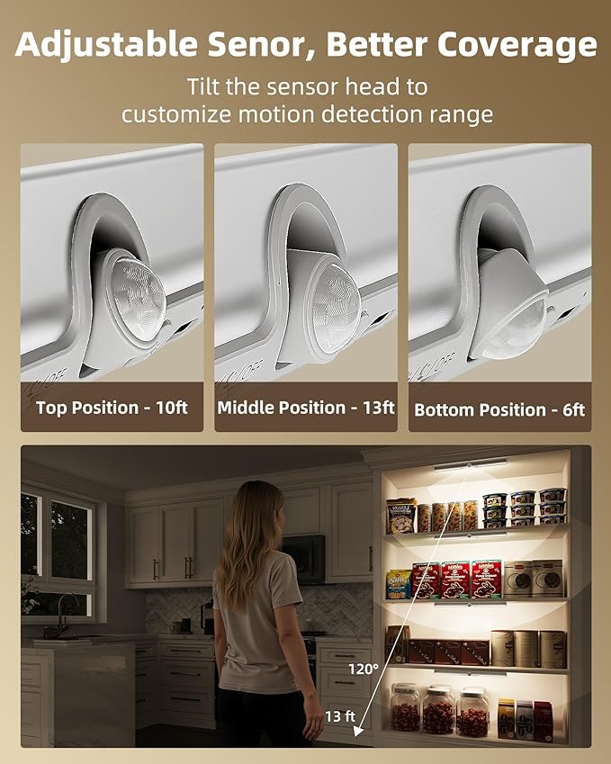 EZVALO 13-inch Motion Sensor Closet Lights, 2 Pack Rechargeable LED Lights with Rotatable Sensor, Glare-Free, 3 Color Temps & Dimmable, Magnetic Cabinet Lighting for Closet, Pantry, Stairs