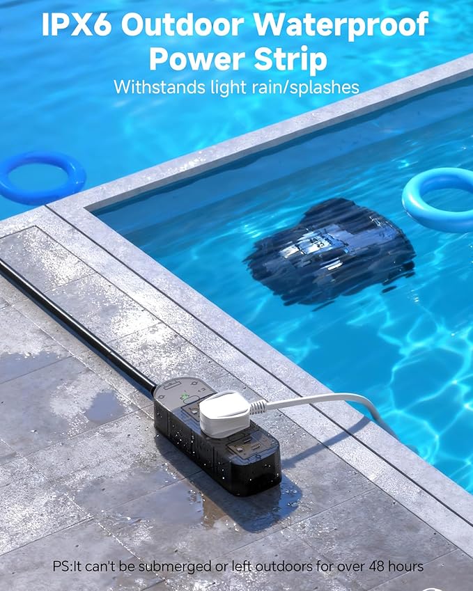 Outdoor Power Strip, 3 AC Outlets, 10 FT, 1625W/13A High-Power Single-Device Use, with Anti-Electric Shock & IPX6 Waterproof, Ideal for Backyard, Patio, Garage, Kitchen, Workshop, Camping, RV