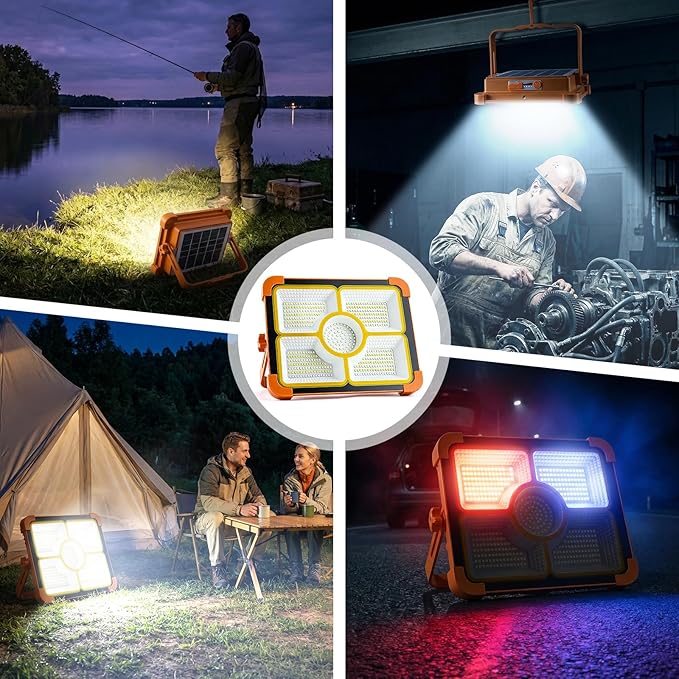 2-Pack Solar Rechargeable Work Light, 12000LM Portable Work Light with 12000mAh Battery, LED Flood Lights with 5 Modes, Outdoor Waterproof Job Site Lighting for Camping Repair Emergency Fishing