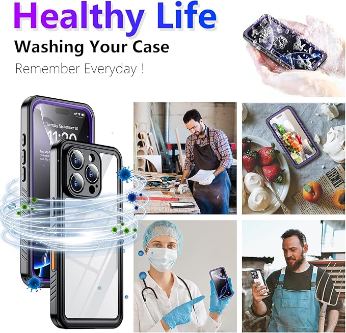 Temdan Compatible with iPhone 16 Pro Case Waterproof, Built-in Screen & Camera Protector IP68 Underwater Full Body 16FT Military Dropproof Shockproof Phone Case 6.3"-Purple/Clear