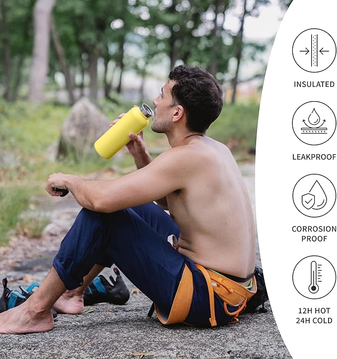 Bambaw 24 oz Insulated Water Bottle, Stainless Steel Water Bottle, Easy to Clean, Sleek & Durable, Wide Mouth Fits Tea Infusers, Lightweight, Great for Travel & Hiking (Yellow Beam)