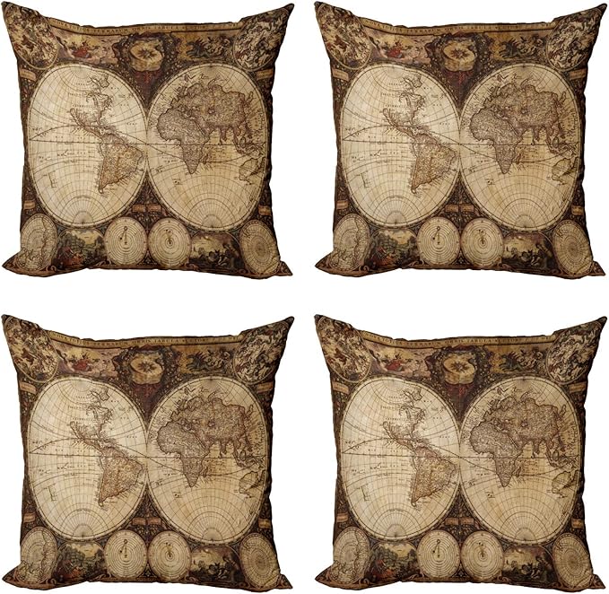 Ambesonne World Map Throw Pillow Cushion Case Pack of 4, Old World Map Drawn in 1720s Nostalgic Style Art Historical Atlas Vintage Design, Modern Accent Double-Sided Digital Printing, 16", Beige Brown