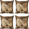 Ambesonne World Map Throw Pillow Cushion Case Pack of 4, Old World Map Drawn in 1720s Nostalgic Style Art Historical Atlas Vintage Design, Modern Accent Double-Sided Digital Printing, 20", Beige Brown