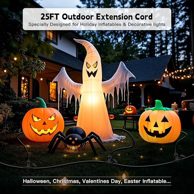 25FT Outdoor Extension Extension Cord for Halloween Christmas Inflatables with Multiple Outlets Black Electrical Cord with Multiple Plugs Outdoor Christmas Blow Up Decorations Light Extension Cords