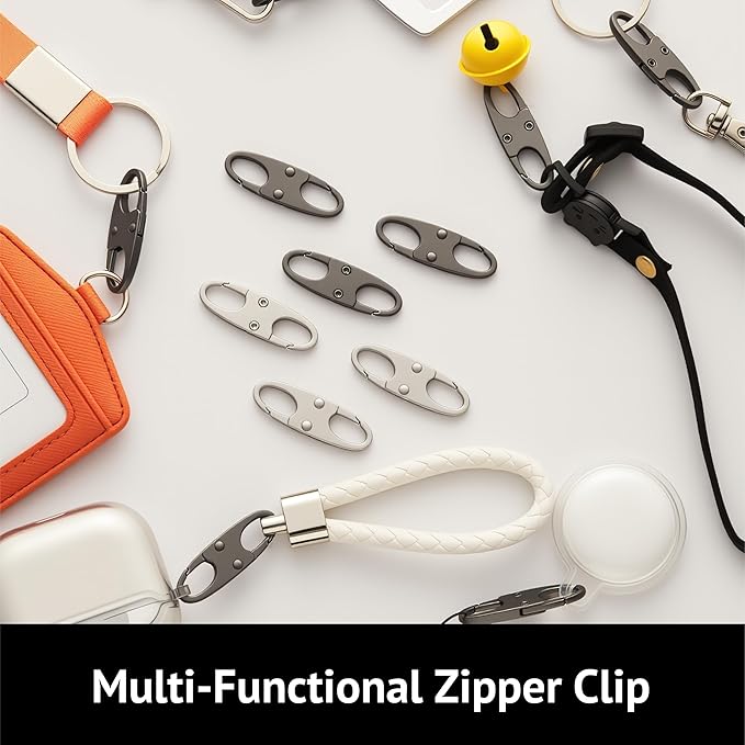 zelin Anti Theft Zipper Clips Double Opening Small Carabiner Clips, 4Pcs Elegant Zinc Alloy Zipper Pull Replacement for Travel, Commuting and Camping (Space Grey)