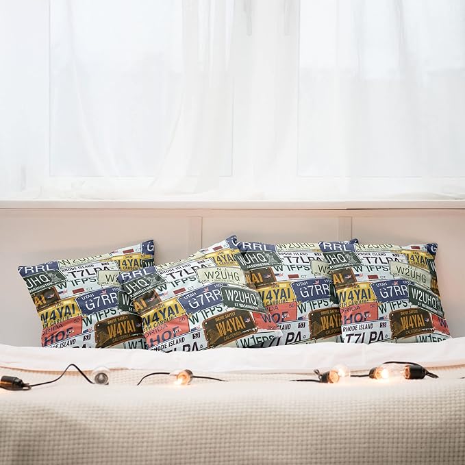 Ambesonne Vintage Decorative Throw Pillow Case Pack of 4, Original Retro Style License Plates Personalized Creative Travel Vacation, Cushion Cover for Couch Living Room Car, 20", Blue Green