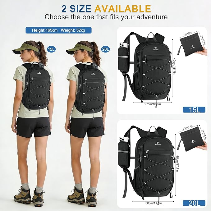 BECOJADDE Hiking Backpack 15L Small Backpack Packable Day pack Water Resistant Lightweight Travel Backpack for Women Men with Shoulder Strap Pockets for Hiking Camping Outdoor, Black