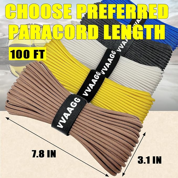 VVAAGG 1000 Paracord Rope 100FT Utility 4mm Parachute Cord Heavy Duty 12 Strand Camping Rope Tent Weatherproof Rope