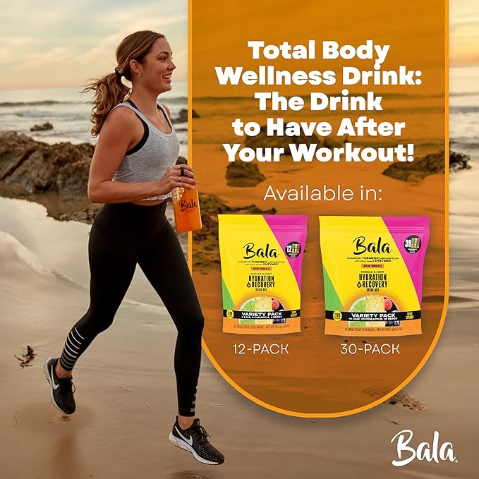 Bala Total Body Wellness Drink Mix, Hydrate & Recover Variety Pack, Pineapple, Lime & Berry, 10 Per Flavor, Zero Sugar Electrolytes Powder Packets with Enzymes & Amino Acids, Turmeric Drink, 30 Sticks