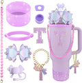9PCS Purple for Stanley Cup Accessories Set Bling Initials Bow Charms for Stanley Decorations 30/40 Oz Tumbler Accessories Including Bow Straw Topper, Handle Strap, Spill Stopper（Letter T）
