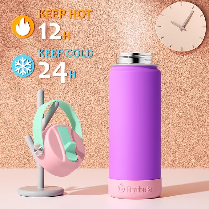 Fimibuke Kids Insulated Water Bottle, 18oz BPA FREE 18/8 Stainless Steel Kids Cup with Straw Travel Tumbler Double Wall Vacuum Leak Proof Toddler Water Bottle for School Boys Girls(1 Pack, Lilac)
