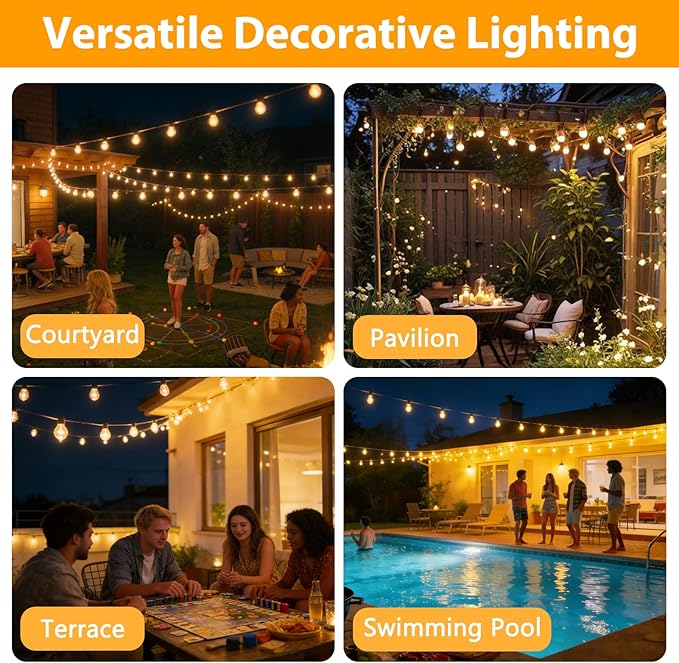 LumBelle Smart Outdoor String Lights, 200FT ST38 LED Patio Lights with Timer Remote APP Control, 84 Shatterproof LED Bulbs (4 Spare), Dimmable Waterproof Hanging Light for Backyard Porch Party Decor