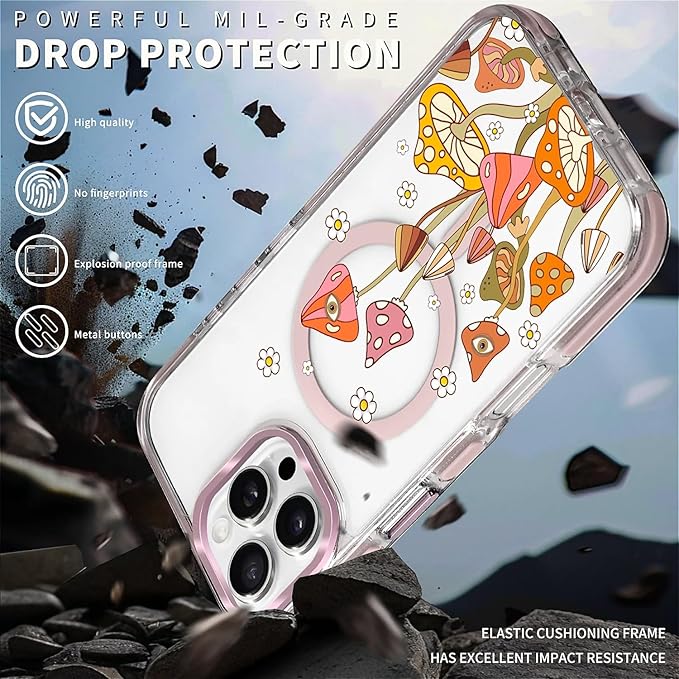 Case for iPhone 16 Pro,[Compatible with MagSafe],Retro Mushroom Sunflower Phone Case Design，for Women Girls Magnetic Clear Cover - Slim, Sleek, & Shockproof Protection