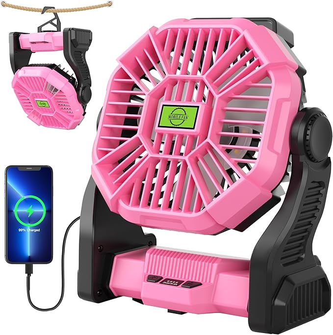 Portable Fan Rechargeable Camping Essentials, Cordless Camping Fan Battery Powered with Led Lights & 360°Hook, USB Battery Operated Fans for Women,4 Speeds Tent Portable for Traveling X23 Pink