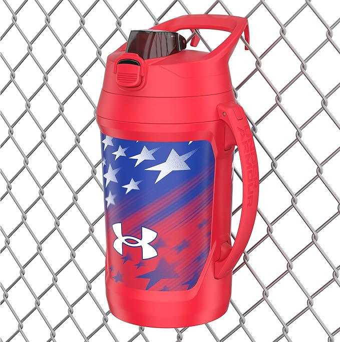 Under Armour Half Gallon Water Bottle Insulated, 64oz Insulated Water Bottle with Handle, Fence Hook, Leak Resistant, for Baseball, Football & More, Red Americana