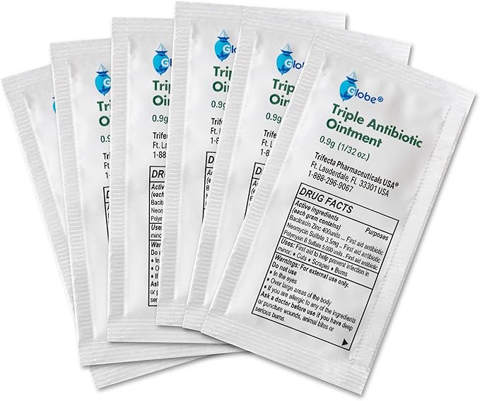 Globe (144 Pack) Triple Antibiotic Ointment 0.9g Single Packet, First Aid Kit for Minor Scratches, Wounds, Cuts and Burns, Prevents Infection Active Ingredients Compare to Leading Brand, Travel Size