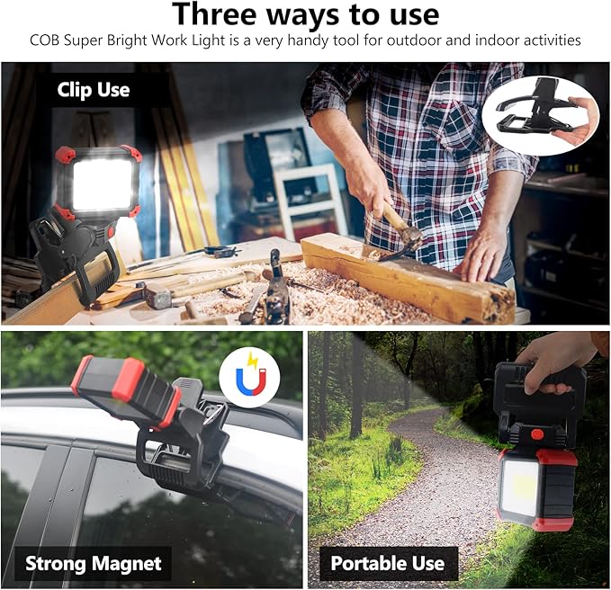 Tresda LED Rechargeable Work Light with Clamp, 2100LM Super Bright COB Magnetic Work Light with 3 Light Modes, 270° & 180° Rotation, Waterproof, Perfect for BBQ, Jobsite, Workshop, Car Repairing