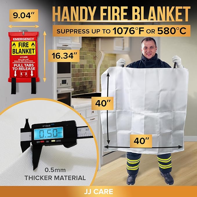 JJ CARE Fire Blanket – 10 Packs with Hooks and Gloves – 40” x 40” Fire Blankets Emergency for Home and Kitchen, High Heat Resistant and Flame Protection for Kitchen, Car, Office, Camping & Home Safety