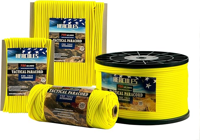 HERCULES 750lb Paracord 4mm 11 Strands Tactical Parachute Cord, 50' 100' 250' 1000' Utility Rope for Camping, Survival, Outdoor Gear (Neon Yellow, 1000FT)