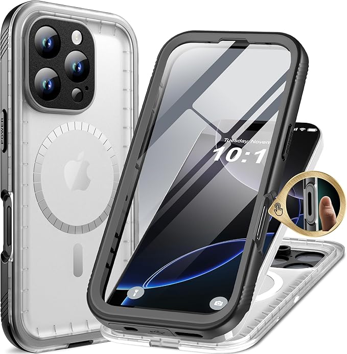 Cozycase for iPhone 16 Pro Max Waterproof Shockproof Dustproof Case [Compatible with MagSafe] - Heavy Duty/360 Full Body/Military Grade/Rugged Built in Screen/Camera Protector Black/Frosted Clear 6.9"