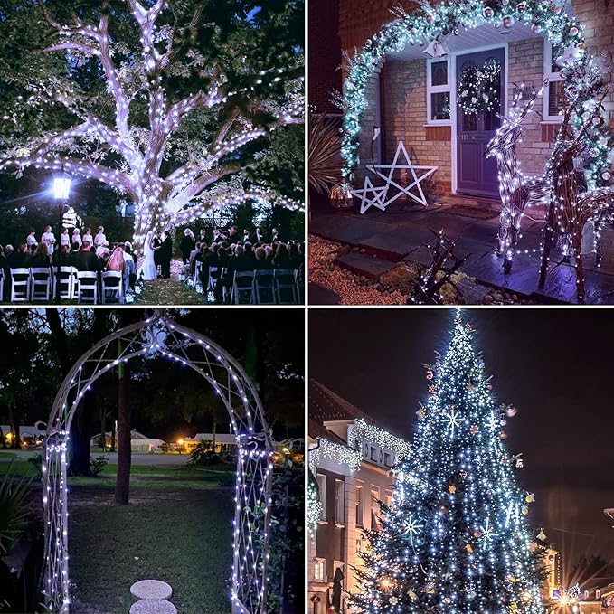 JMEXSUSS 4 Pack 100 LED Solar String Lights for Outside, 33ft White Solar Fairy Lights Outdoor Waterproof, 8 Modes Solar Christmas Lights for Garden Yard Tree Wedding Decorations